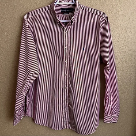 Ralph Lauren Classic Fit Red and White Striped Long Sleeve Button Down Shirt - Picture 2 of 10